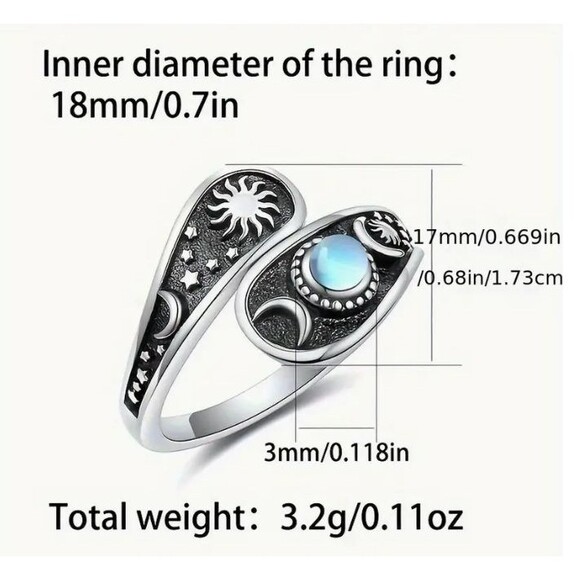 Adjustable Antique Silver Sun Moon Stone Spoon Ring Celestial - Picture 6 of 6